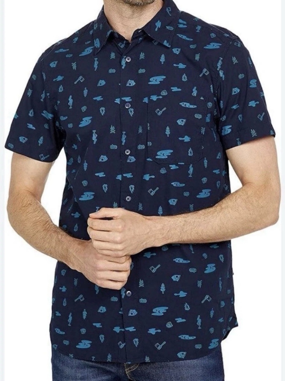 The North Face Navy Short-Sleeve Button-Down Light Blue Camp Print XL